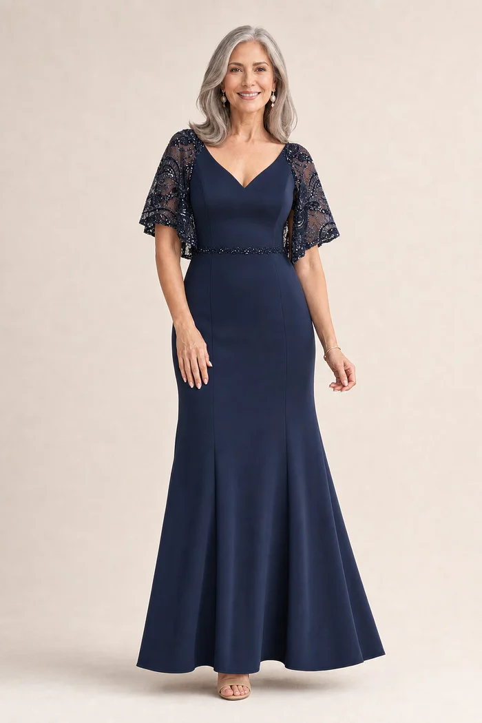 Esme Lace Sleeve Navy Gown by Dressology mother of the bride dress on model