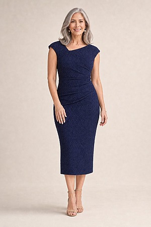 Fay Cocktail Dress by Trellis Lane in Navy mother of the bride dress on model