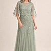 Floral Beaded Godet Cape Gown in Aqua Dust by Adrianna Papell mother of the bride dress on model