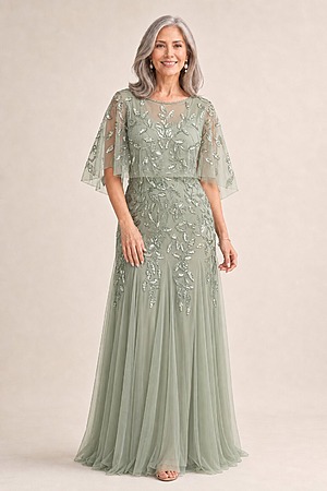 Floral Beaded Godet Cape Gown in Aqua Dust by Adrianna Papell mother of the bride dress on model