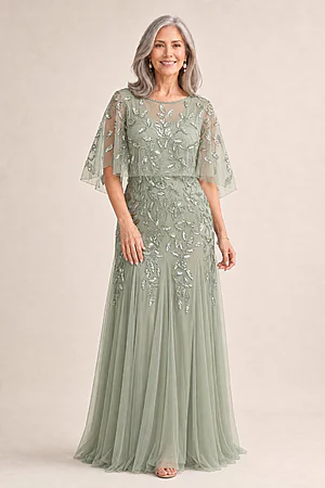 Floral Beaded Godet Cape Gown in Aqua Dust by Adrianna Papell