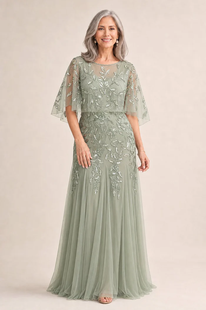 Floral Beaded Godet Cape Gown in Aqua Dust by Adrianna Papell mother of the bride dress on model