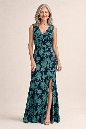 Floral Jacquard Shawl Collar Gown In Navy Multi by Adrianna Papell mother of the bride dress on model