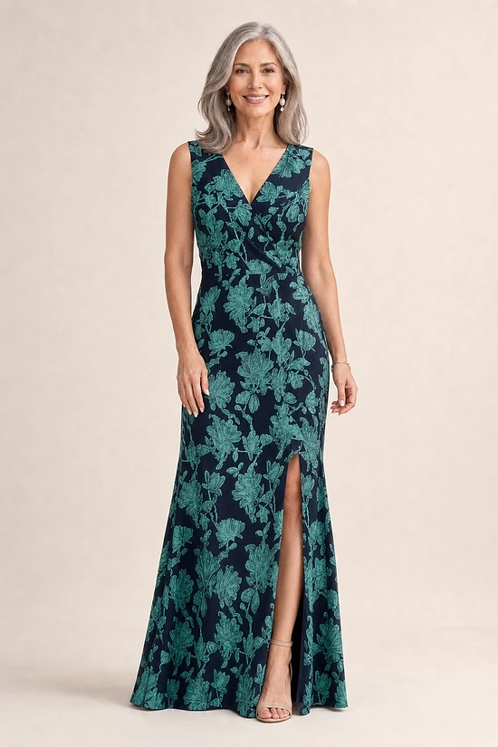 Floral Jacquard Shawl Collar Gown In Navy Multi by Adrianna Papell mother of the bride dress on model