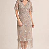 Flutter Sleeve Floral Beaded Fringe Midi Dress in Marble by Adrianna Papell mother of the bride dress on model