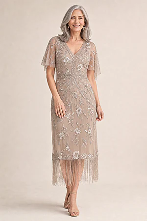 Flutter Sleeve Floral Beaded Fringe Midi Dress in Marble by Adrianna Papell