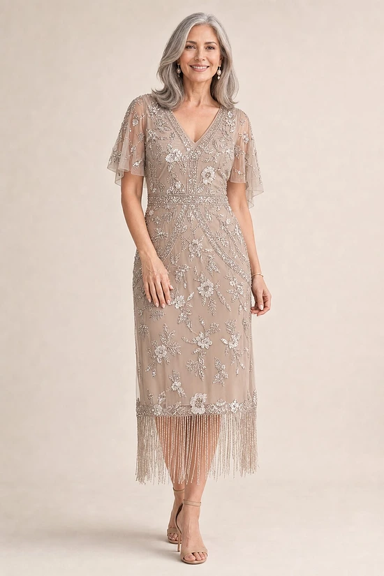 Flutter Sleeve Floral Beaded Fringe Midi Dress in Marble by Adrianna Papell mother of the bride dress on model