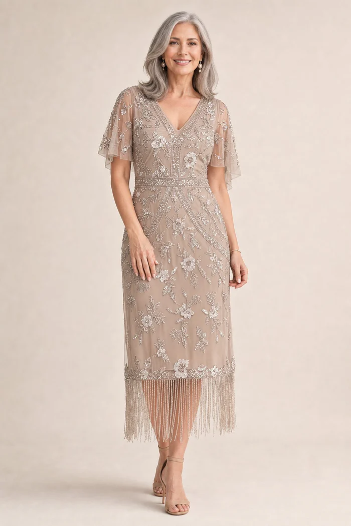 Flutter Sleeve Floral Beaded Fringe Midi Dress in Marble by Adrianna Papell mother of the bride dress on model