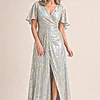 Foil Leaf Short Sleeve in Light Blue Gold Gown With Draped Details by Adrianna Papell mother of the bride dress on model