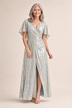 Foil Leaf Short Sleeve in Light Blue Gold Gown With Draped Details by Adrianna Papell mother of the bride dress on model