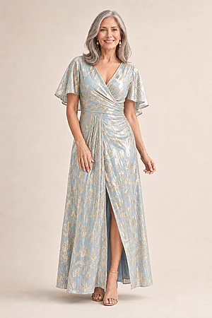 Foil Leaf Short Sleeve in Light Blue Gold Gown With Draped Details by Adrianna Papell