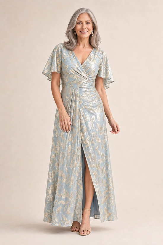 Foil Leaf Short Sleeve in Light Blue Gold Gown With Draped Details by Adrianna Papell mother of the bride dress on model
