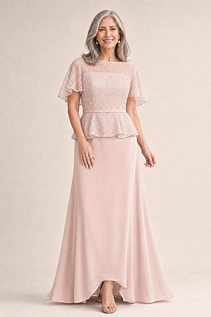 Francesca Beaded Blush Dress Delicate Detail by Trellis Lane mother of the bride dress on model