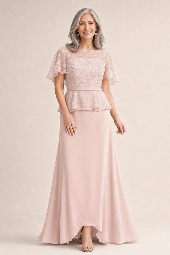 Francesca Beaded Blush Dress Delicate Detail by Trellis Lane mother of the bride dress on model