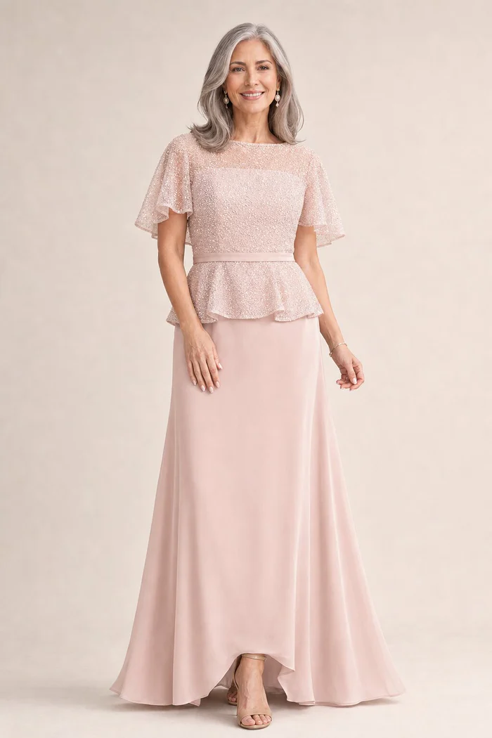 Francesca Beaded Blush Dress Delicate Detail by Trellis Lane mother of the bride dress on model