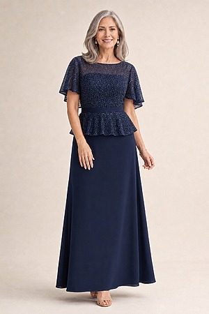 Francesca Navy Beaded Dress with Sculpted Elegance Detail by Trellis Lane mother of the bride dress on model