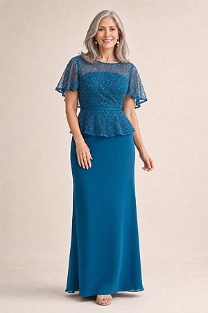 Francesca Teal Beaded Dress with Sculpted Elegance Detail by Trellis Lane mother of the bride dress on model
