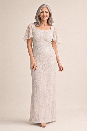 Georgia Beaded Champagne Dress Refined Sparkle with Elegant Movement by Trellis Lane mother of the bride dress on model