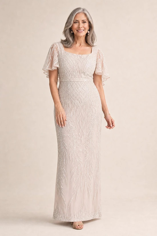 Georgia Beaded Champagne Dress Refined Sparkle with Elegant Movement by Trellis Lane mother of the bride dress on model