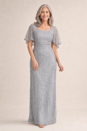 Georgia Beaded Gown by Trellis Lane in Charcoal mother of the bride dress on model