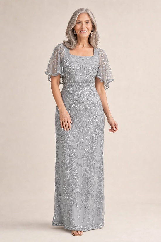 Georgia Beaded Gown by Trellis Lane in Charcoal mother of the bride dress on model