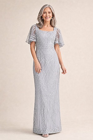 Georgia Beaded Silver Dress Refined Sparkle with Elegant Movement by Trellis Lane mother of the bride dress on model