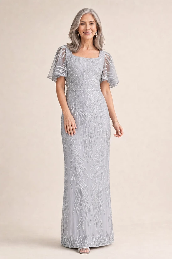 Georgia Beaded Silver Dress Refined Sparkle with Elegant Movement by Trellis Lane mother of the bride dress on model