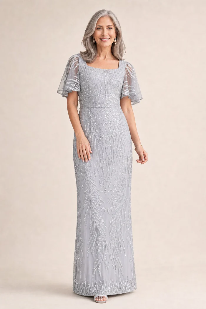 Georgia Beaded Silver Dress Refined Sparkle with Elegant Movement by Trellis Lane mother of the bride dress on model