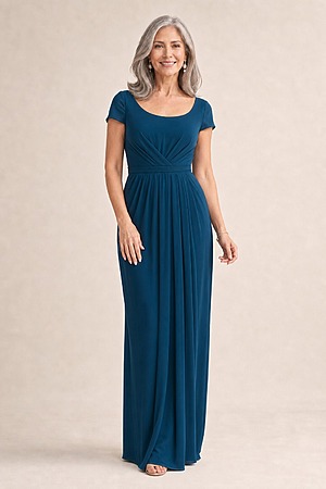 Gloria Cap Sleeve Dress by Tania Olsen - Teal mother of the bride dress on model