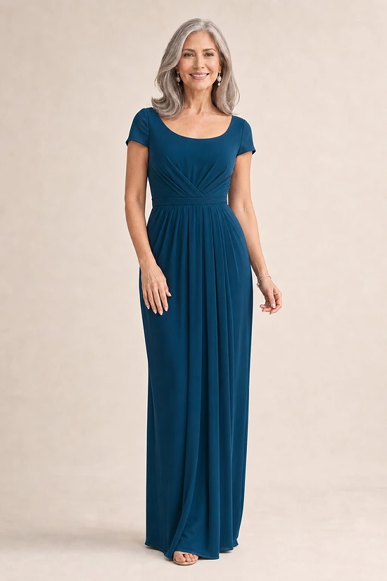 Gloria Cap Sleeve Dress by Tania Olsen - Teal mother of the bride dress on model