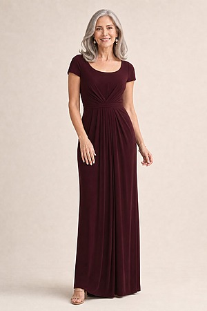Gloria Cap Sleeve Dress by Tania Olsen - Wine mother of the bride dress on model