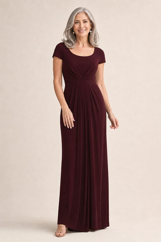 Gloria Cap Sleeve Dress by Tania Olsen - Wine mother of the bride dress on model