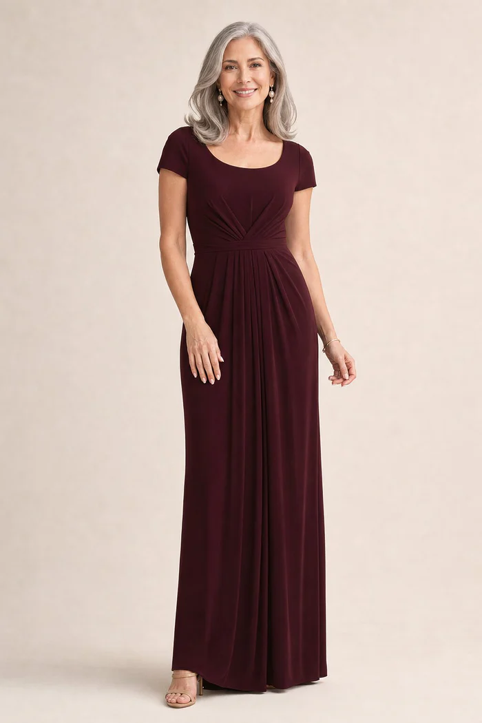Gloria Cap Sleeve Dress by Tania Olsen - Wine mother of the bride dress on model