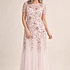 Hand Beaded Blush Pink Short Sleeve Floral Godet Gown by Adrianna Papell mother of the bride dress on model