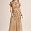 Hand Beaded Champagne Gold Short Sleeve Floral Godet Gown by Adrianna Papell mother of the bride dress on model
