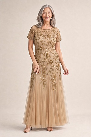 Hand Beaded Champagne Gold Short Sleeve Floral Godet Gown by Adrianna Papell mother of the bride dress on model