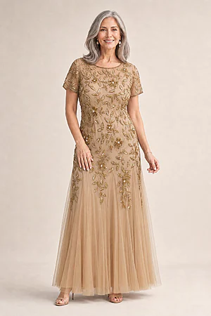 Hand Beaded Champagne Gold Short Sleeve Floral Godet Gown by Adrianna Papell
