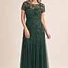 Hand Beaded Emerald Short Sleeve Floral Godet Gown by Adrianna Papell mother of the bride dress on model
