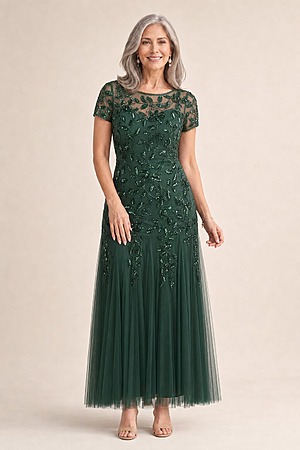 Hand Beaded Emerald Short Sleeve Floral Godet Gown by Adrianna Papell mother of the bride dress on model