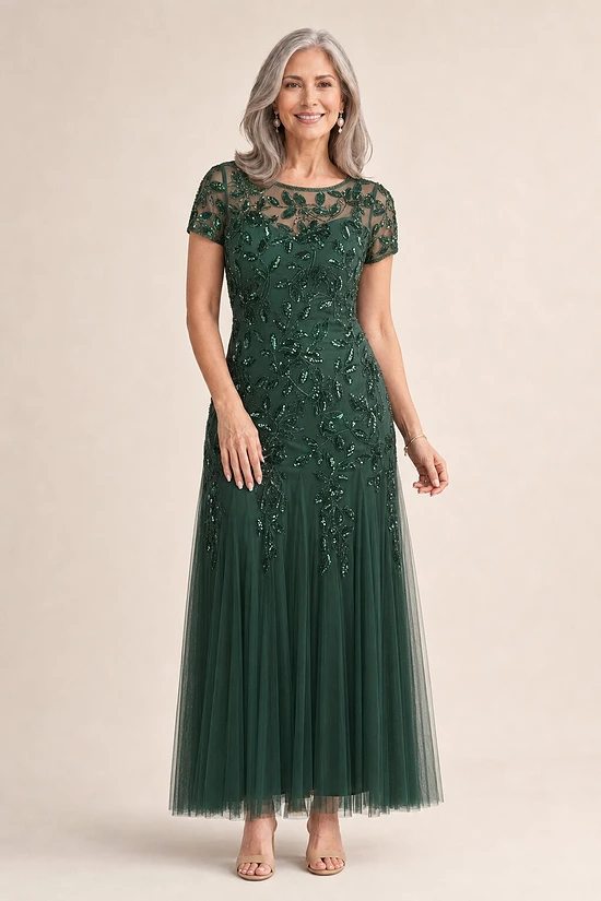 Hand Beaded Emerald Short Sleeve Floral Godet Gown by Adrianna Papell mother of the bride dress on model