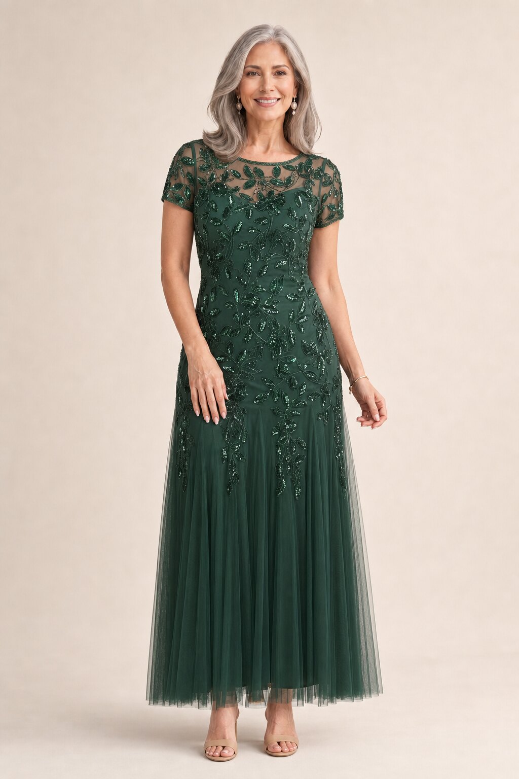 Hand Beaded Emerald Short Sleeve Floral Godet Gown by Adrianna Papell