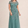 Hand Beaded Jade Short Sleeve Floral Godet Gown by Adrianna Papell mother of the bride dress on model