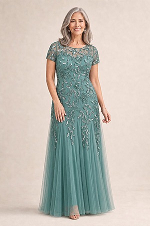 Hand Beaded Jade Short Sleeve Floral Godet Gown by Adrianna Papell mother of the bride dress on model