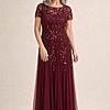 Hand Beaded Mahogany Short Sleeve Floral Godet Gown by Adrianna Papell mother of the bride dress on model