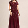 Hand Beaded Mahogany Short Sleeve Floral Godet Gown by Adrianna Papell mother of the bride dress on model