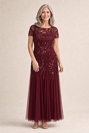 Hand Beaded Mahogany Short Sleeve Floral Godet Gown by Adrianna Papell mother of the bride dress on model