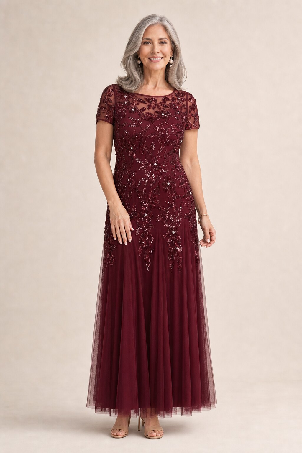 Hand Beaded Mahogany Short Sleeve Floral Godet Gown by Adrianna Papell