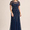 Hand Beaded Navy Short Sleeve Floral Godet Gown by Adrianna Papell mother of the bride dress on model
