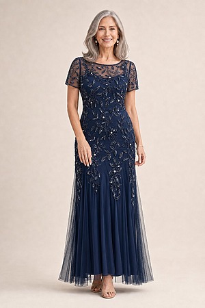 Hand Beaded Navy Short Sleeve Floral Godet Gown by Adrianna Papell mother of the bride dress on model
