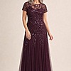 Hand Beaded Plum Short Sleeve Floral Godet Gown by Adrianna Papell mother of the bride dress on model